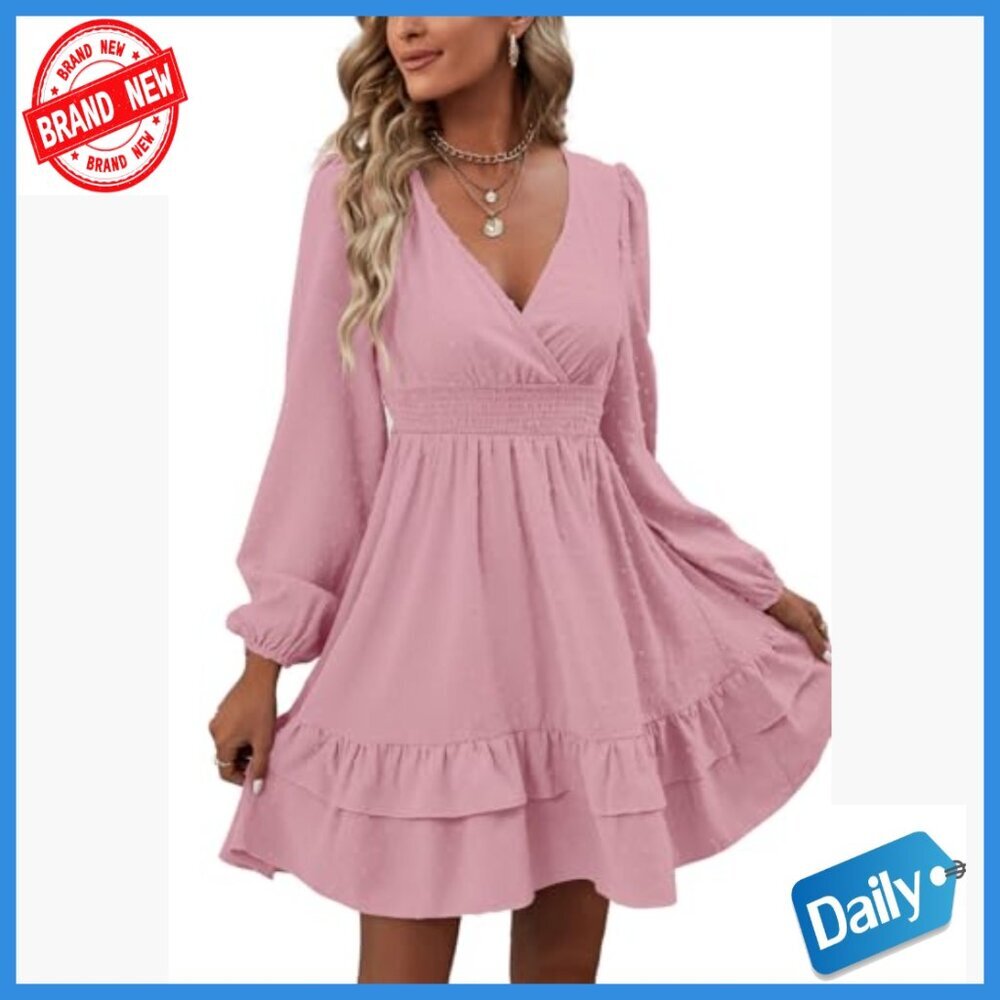 Wrap V-Neck Swing Ruffle Long Sleeve Mini Dress, Lightweight Polyester - Picture 5 of 7